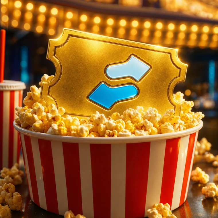 A golden ticket tucked into a striped tub of popcorn